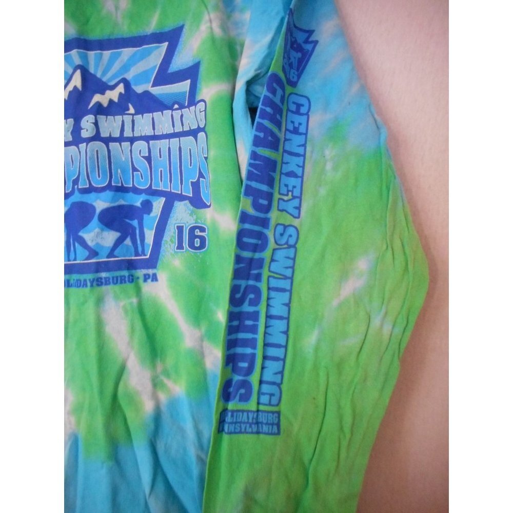 Unisex Green Blue Tie Dye Sz L Long Sleeve T-shirt Double sided cotton Swimming - Picture 3 of 5